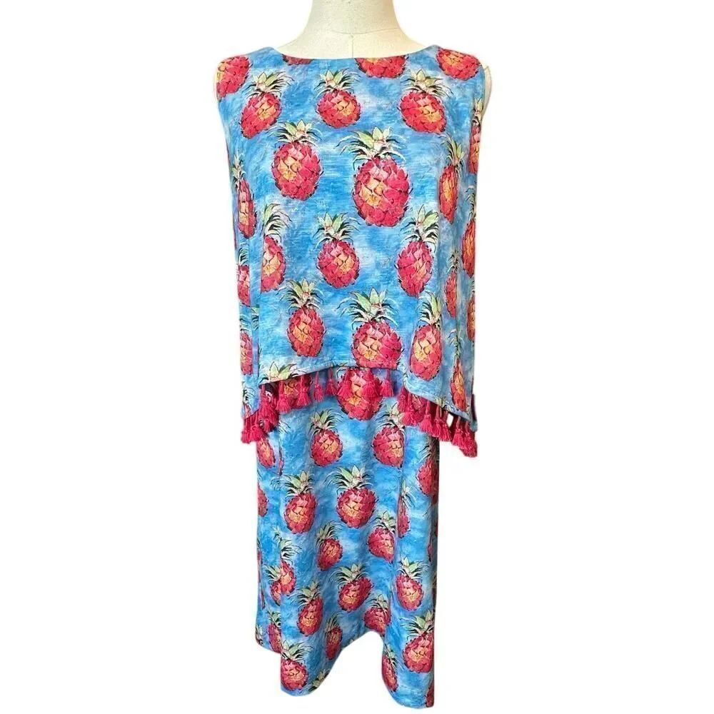 Leoma Lovegrove XL Pineapple Layered Tassel Flowy Sleeveless Festive Midi Dress